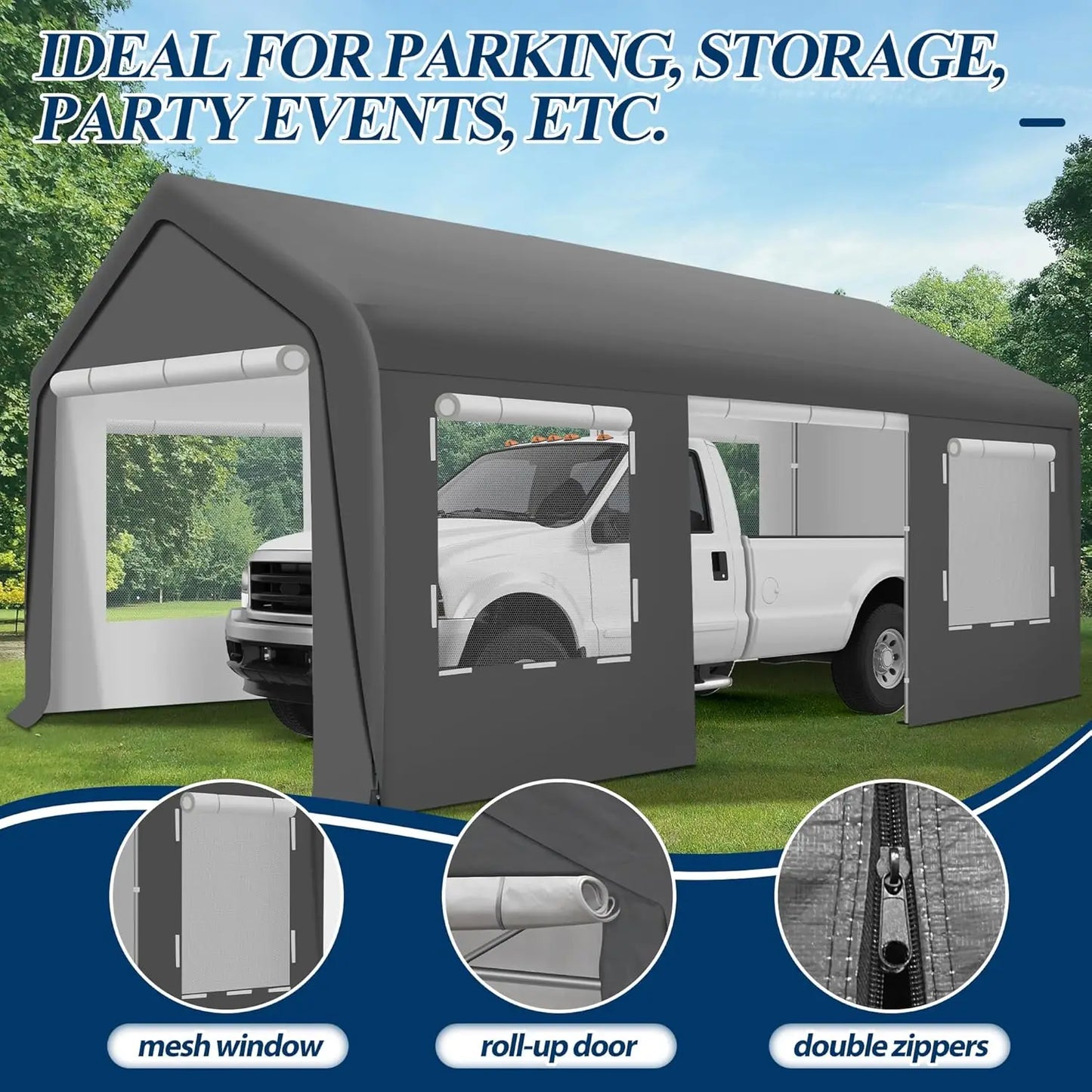 Heavy Duty Carport Tent - Portable Outdoor Canopy with Roll-up Side Doors & Windows, Portable Garage