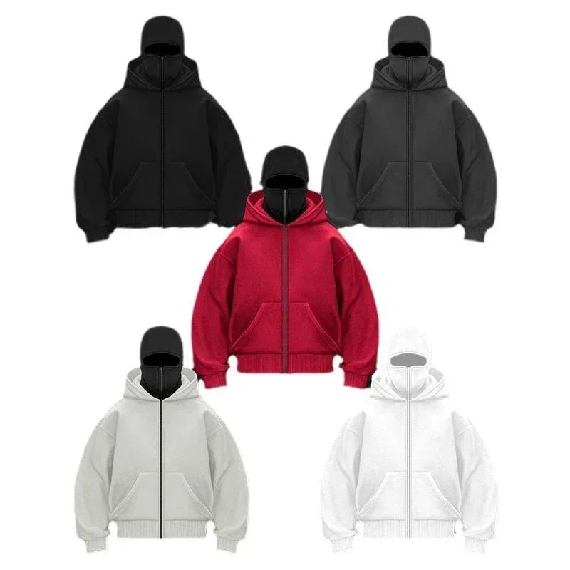 Men/women Balaclava Y2K Gothic winter Warm, double hooded sweatshirt men's mask zipper sports Jacket