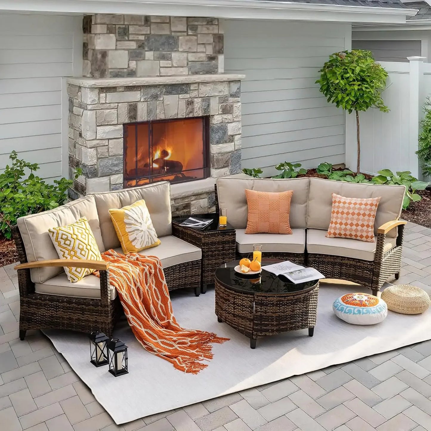 9 Piece Outdoor Patio Furniture Set, Half-Moon Curved Sectional Sofa Rattan Patio Conversation