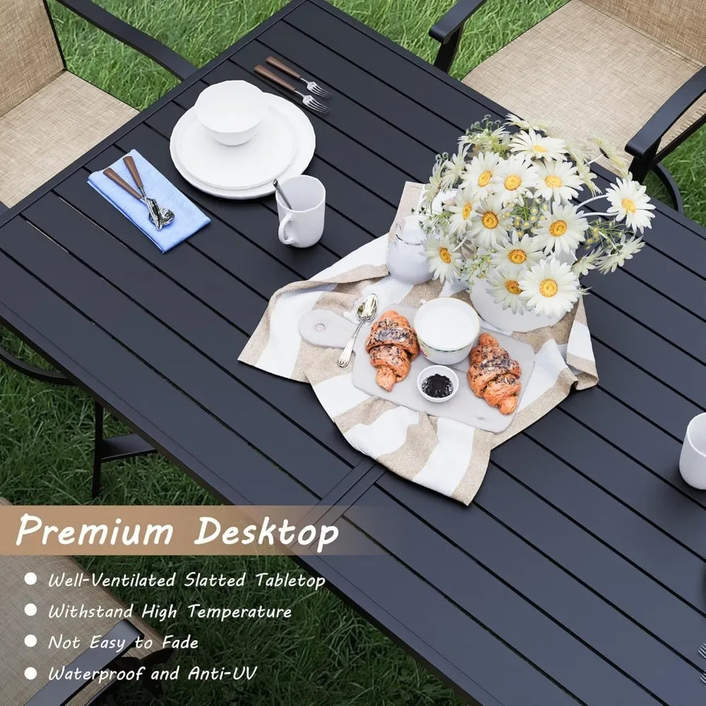 7-Piece Outdoor Dining Set – 6 Swivel Rocking Chairs & Large Aluminum Table w/Umbrella Hole (128c)