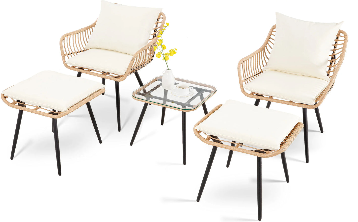 5 PiecePE Rattan Patio Furniture Set, Wicker Bistro Set, All-Weather Chairs, Ottoman & Coffee Table