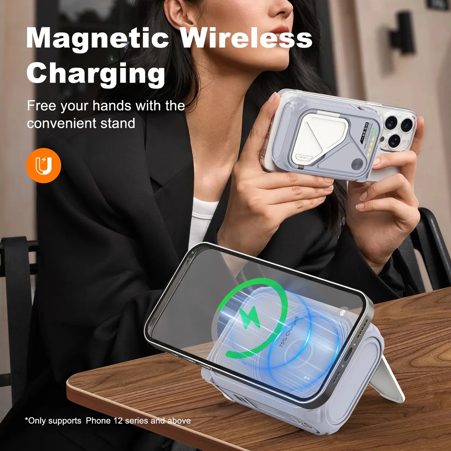 Fast Charging 10000mAh Magnetic Wireless Power Bank USB Type-C Detachable Data Cable Phone Holder