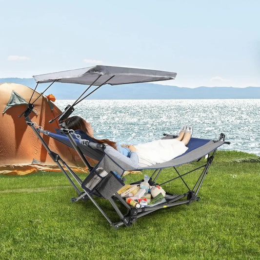 Folding Hammock, Removable Canopy,Pillow, Freestanding, Collapsible Stand for Outdoor Yard Beach