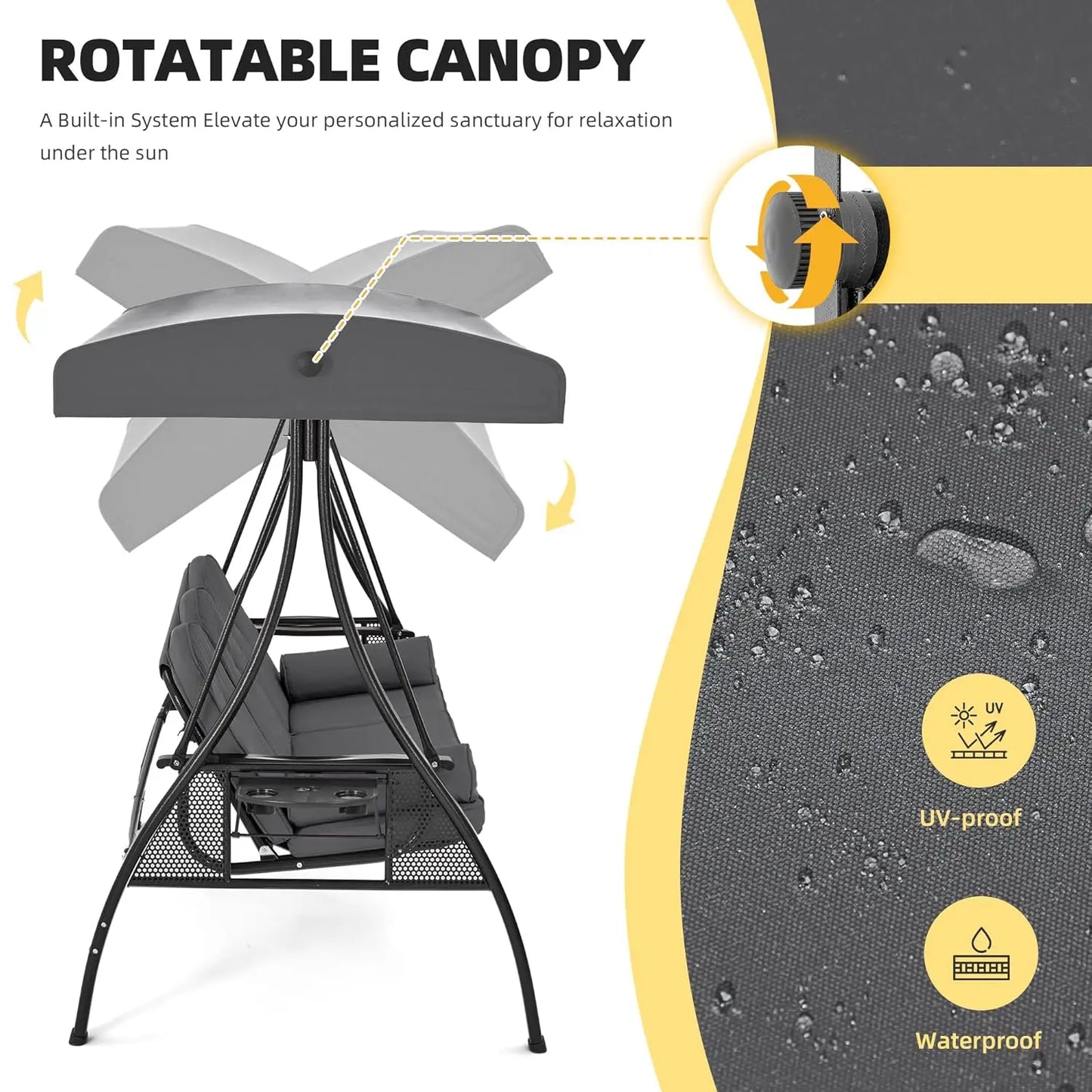 3 Person Outdoor Porch Swing,1.5" Upgraded Cup Holder, Adjust Canopy, Backrest, Patio Swing Bed
