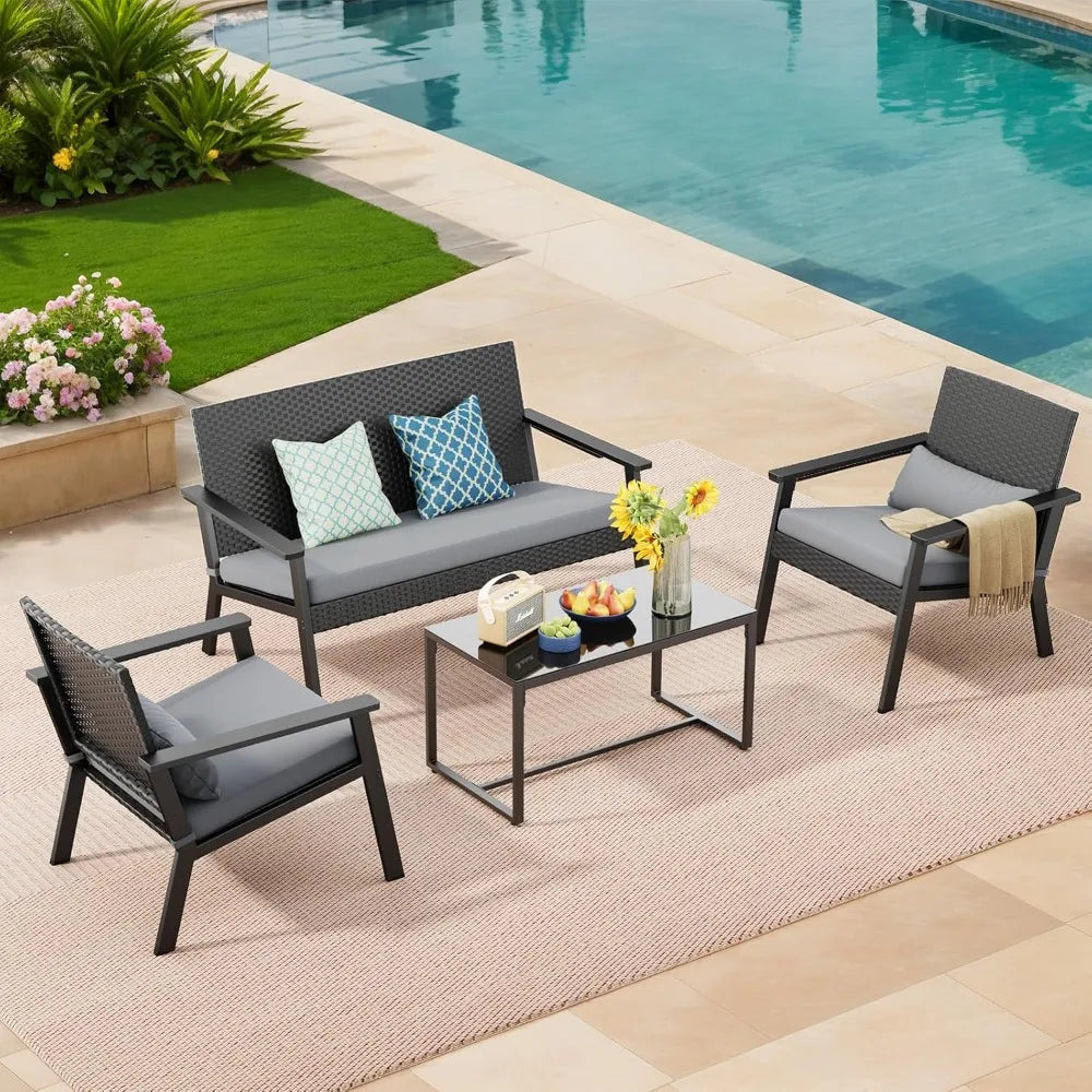 Outdoor Wicker Patio Furniture Set with Deep Seating Cushions ,Table,Balcony, Backyard, porch