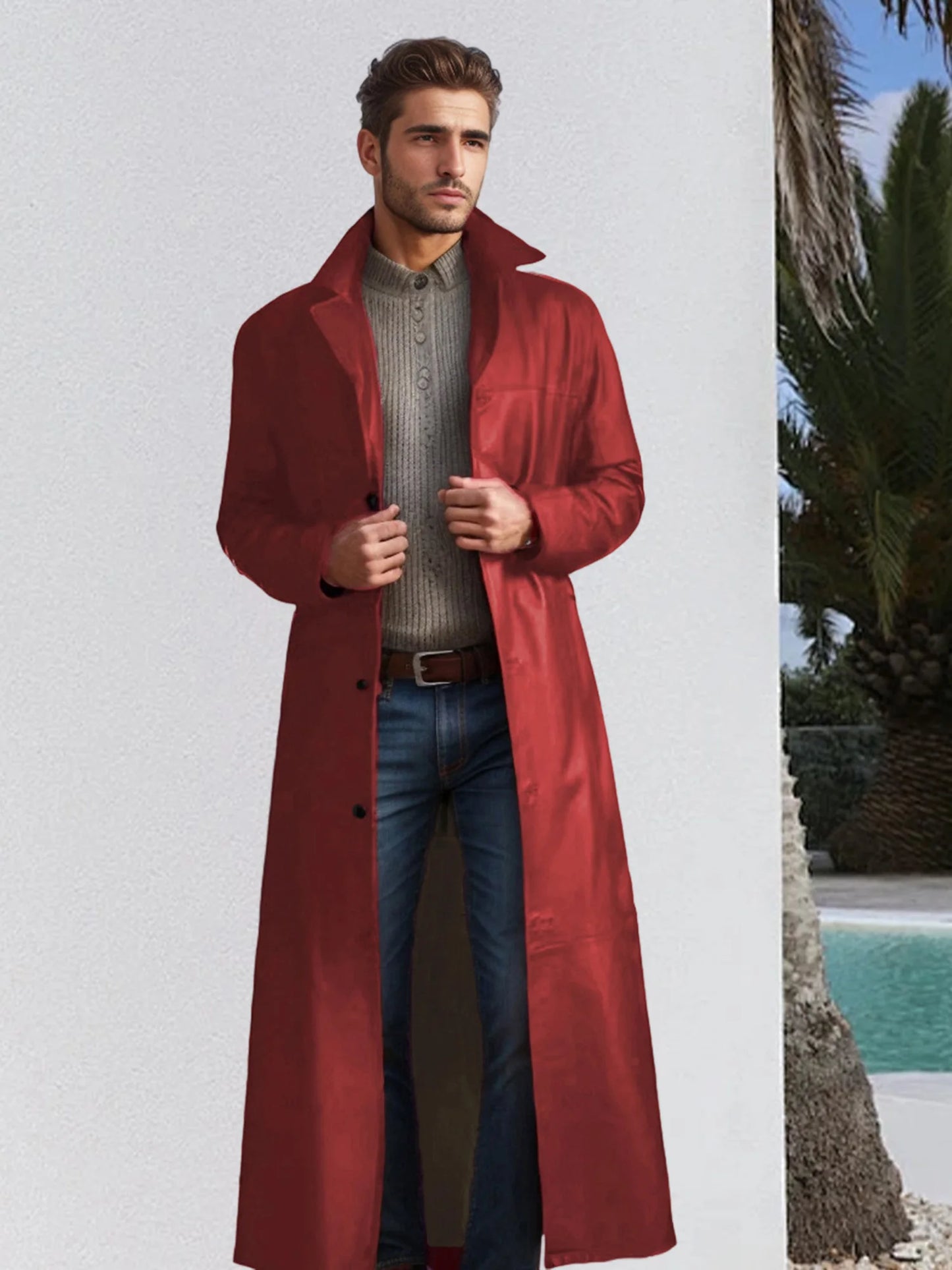 Men s Faux Leather Jacket Classic Lapel Collar Long Sleeve Button Closure Windproof Fall Winter