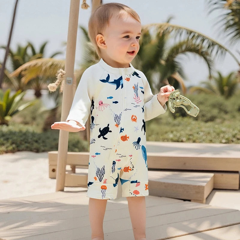 Toddler Boy UV Protection Rash Guard Swimsuit Set with Long Sleeve Zip Animal Print