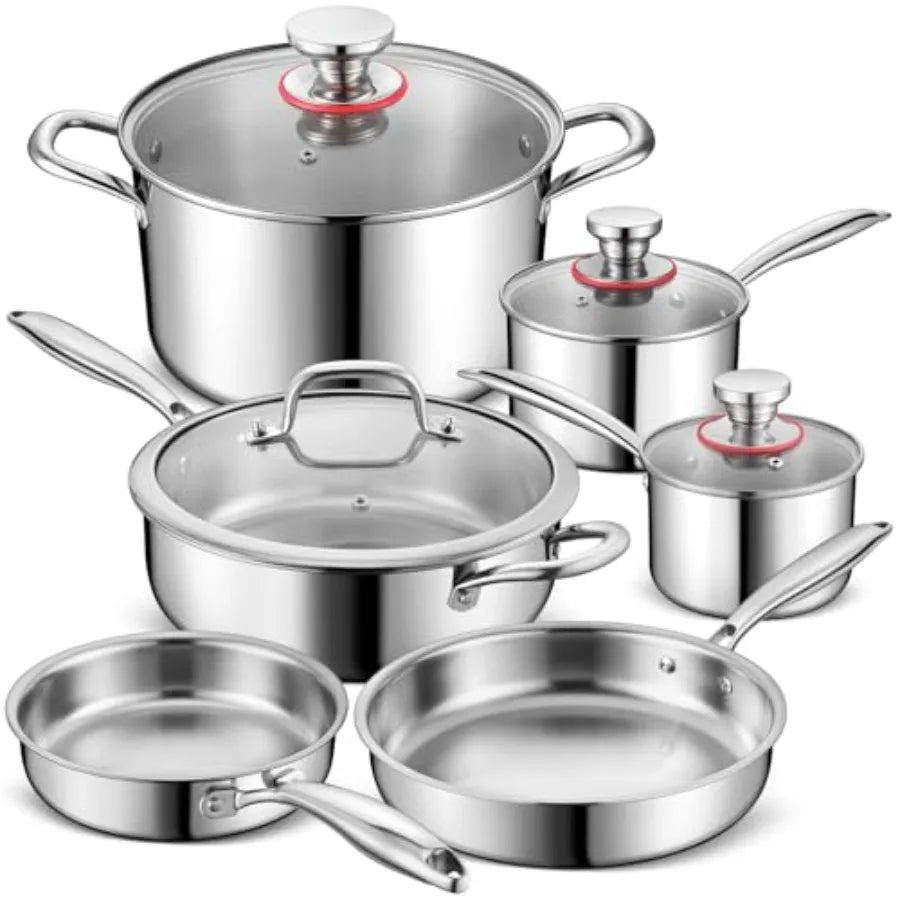 3Ply Stainless Steel Pots,Pans,10 Pcs Stainless Cookware Kitchen Induction Nontoxic Kitchen Cooking