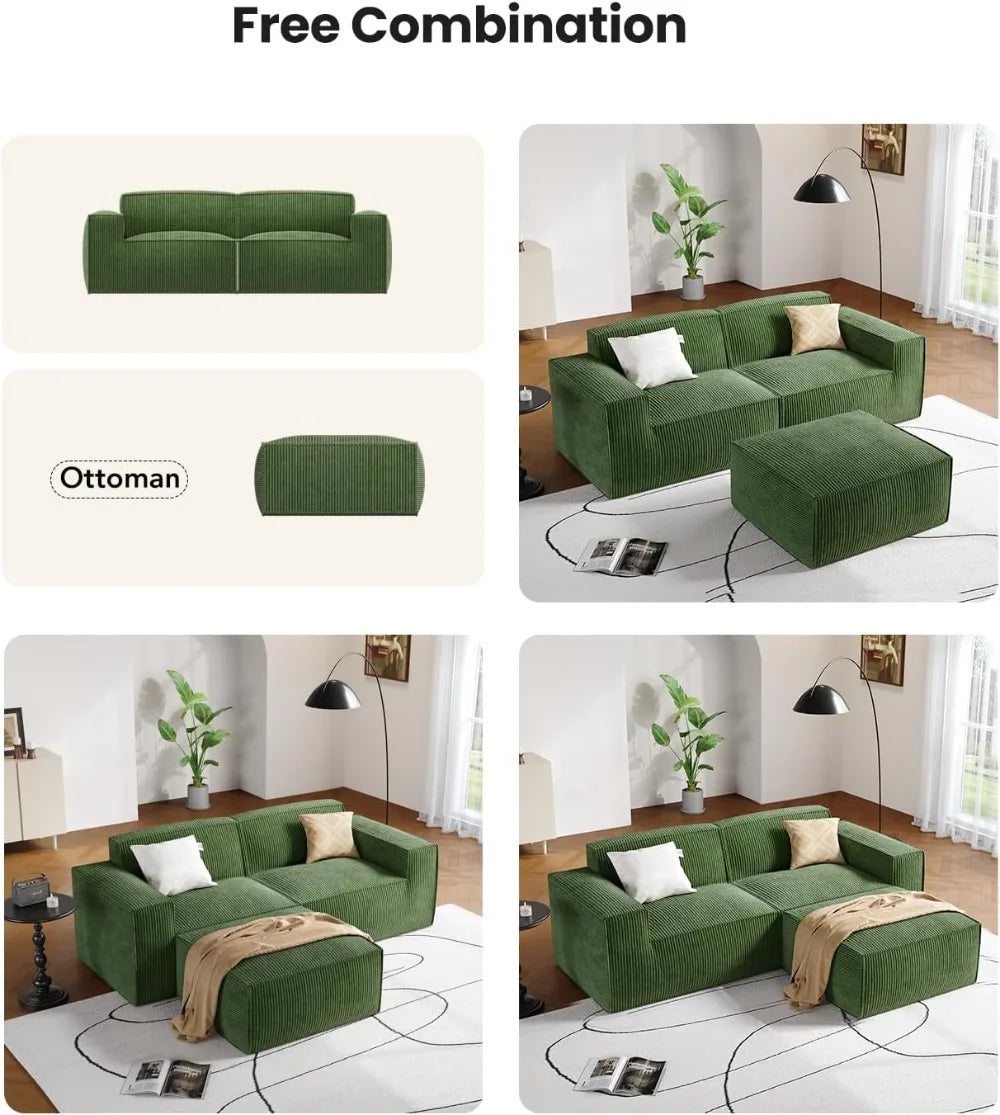 INDOOR-80" L-Shaped Modular Sofa, Corduroy,Deep Seats, High Back, No Assembly  (2-Seat, Green) otman