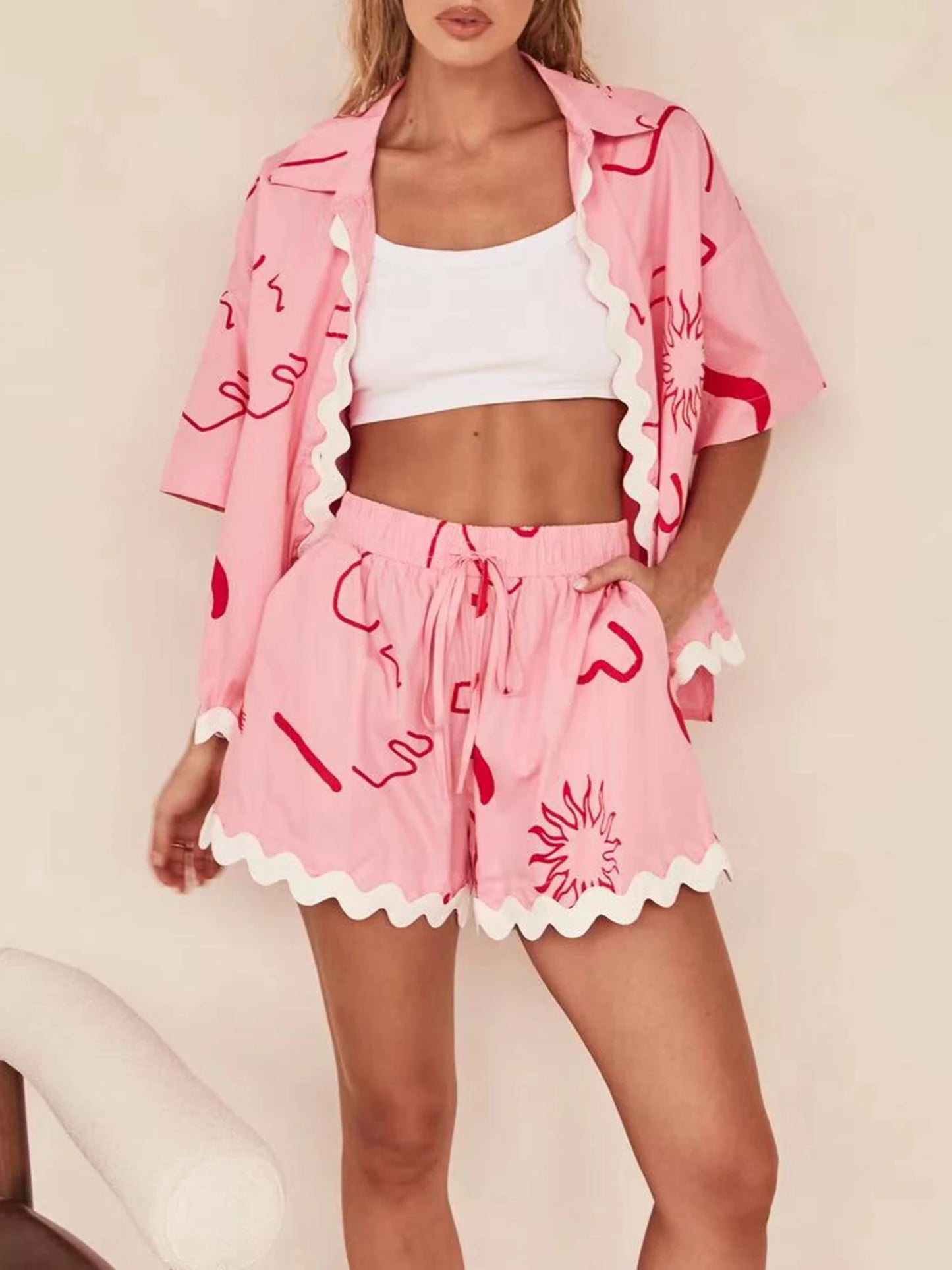 Women s Summer Loungewear Set Fashion Print Short Sleeve Lapel Button T-Shirt ,Trim Shorts Sleepwear