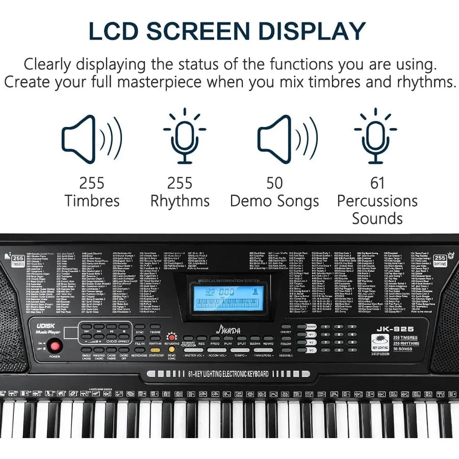 61 Key Portable Electronic Piano Illuminated FullSize Keys LCD Display Headphones XStand Microphone