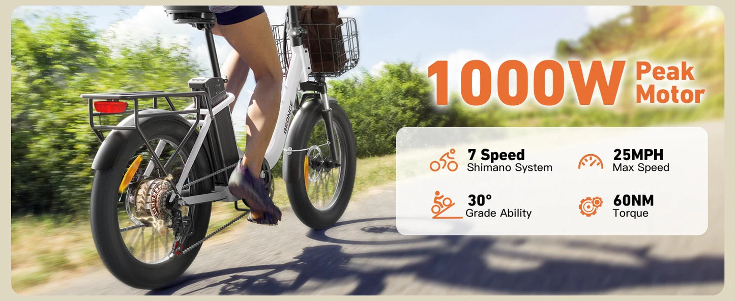 QRONGE Electric Bike 1000W Peak Folding Electric Bike 486Wh 70 Miles Range Ebike 20" Step-Thru Electric Bicycle with Bike Basket