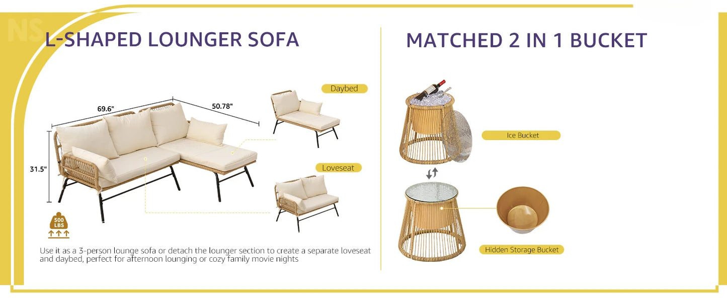 7-piece Bohemian Courtyard Furniture Sofa ,Including Egg Chairs, L-shaped Leisure Chairs, Cushions