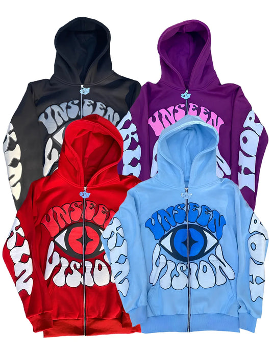 UNSEEN VISION Y2K Fall Jacket for Men,Eye Pattern Zip Up Hoodie Autumn/Winter Fashion Jacket Unisex