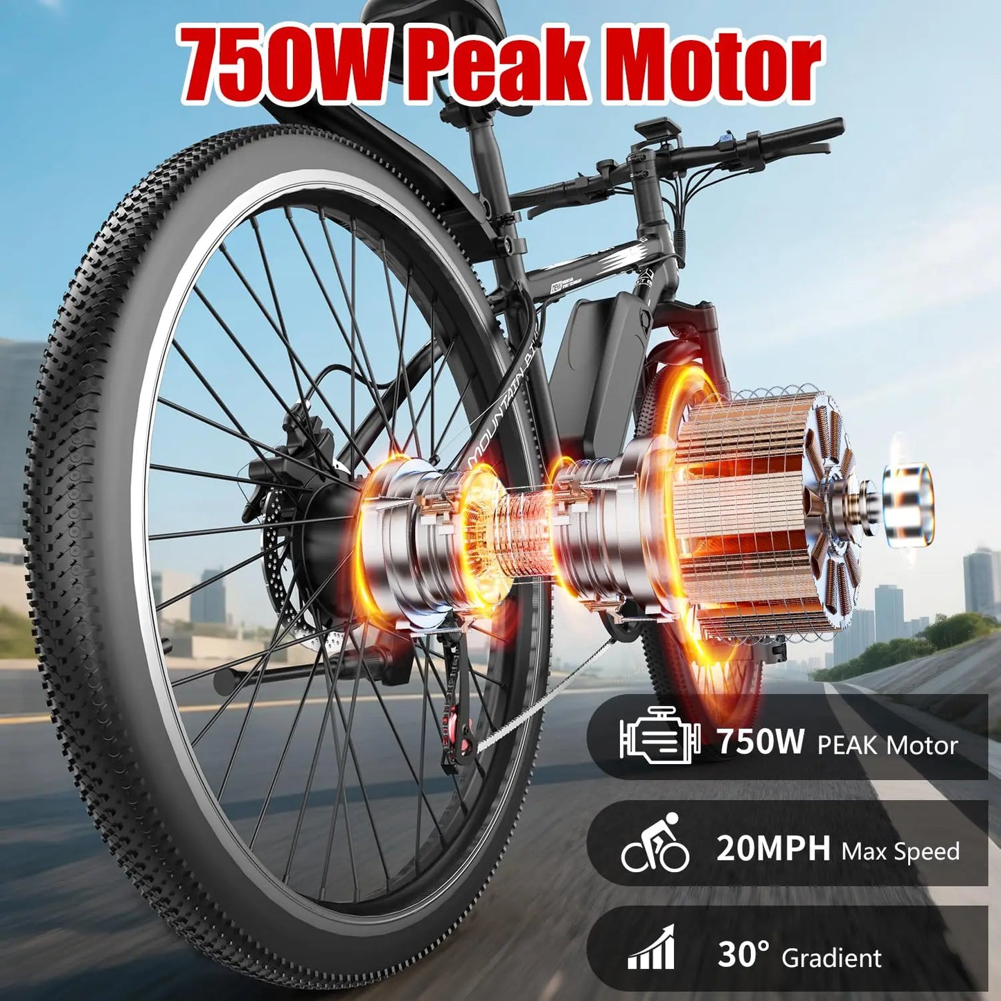 E-Bike, Adults, 750W Electric Mountain Bike, 7-Speed, Front Suspension, 20 mph Folding Bike 40 Mile