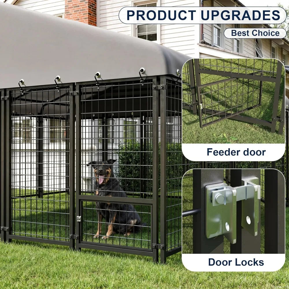 Dog Kennel 10X10FT Outside Heavy-Duty Outdoor Dog, Roof, Lock - Spacious, 4 Pets with Feeding
