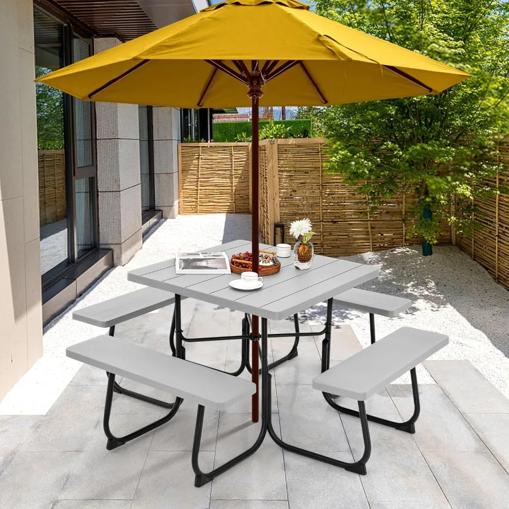 8 Person Picnic Table, Outdoor Square w/ 4 Built-in Benches, Umbrella Hole, Metal Frame & Tabletop,