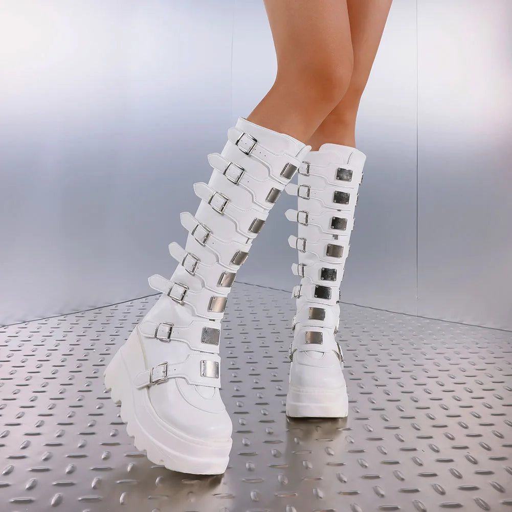 Women's Y2K Goth Knee High Boots Punk Metal Buckle Wedges/Heels Back Zipper Round Toe Platform fall