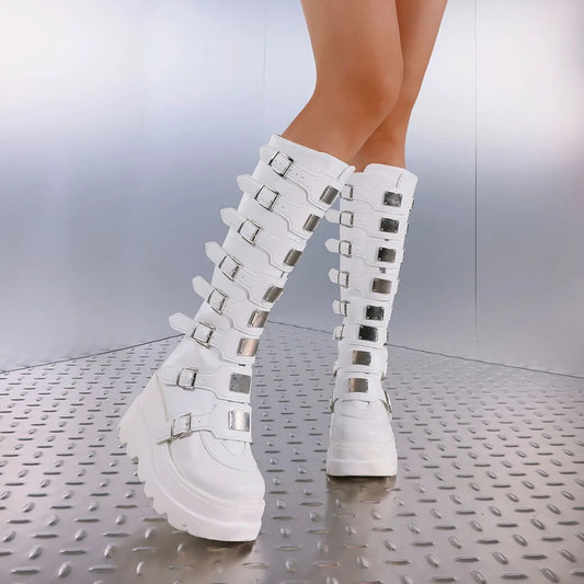 Women's Y2K Goth Knee High Boots Punk Metal Buckle Wedges/Heels Back Zipper Round Toe Platform fall