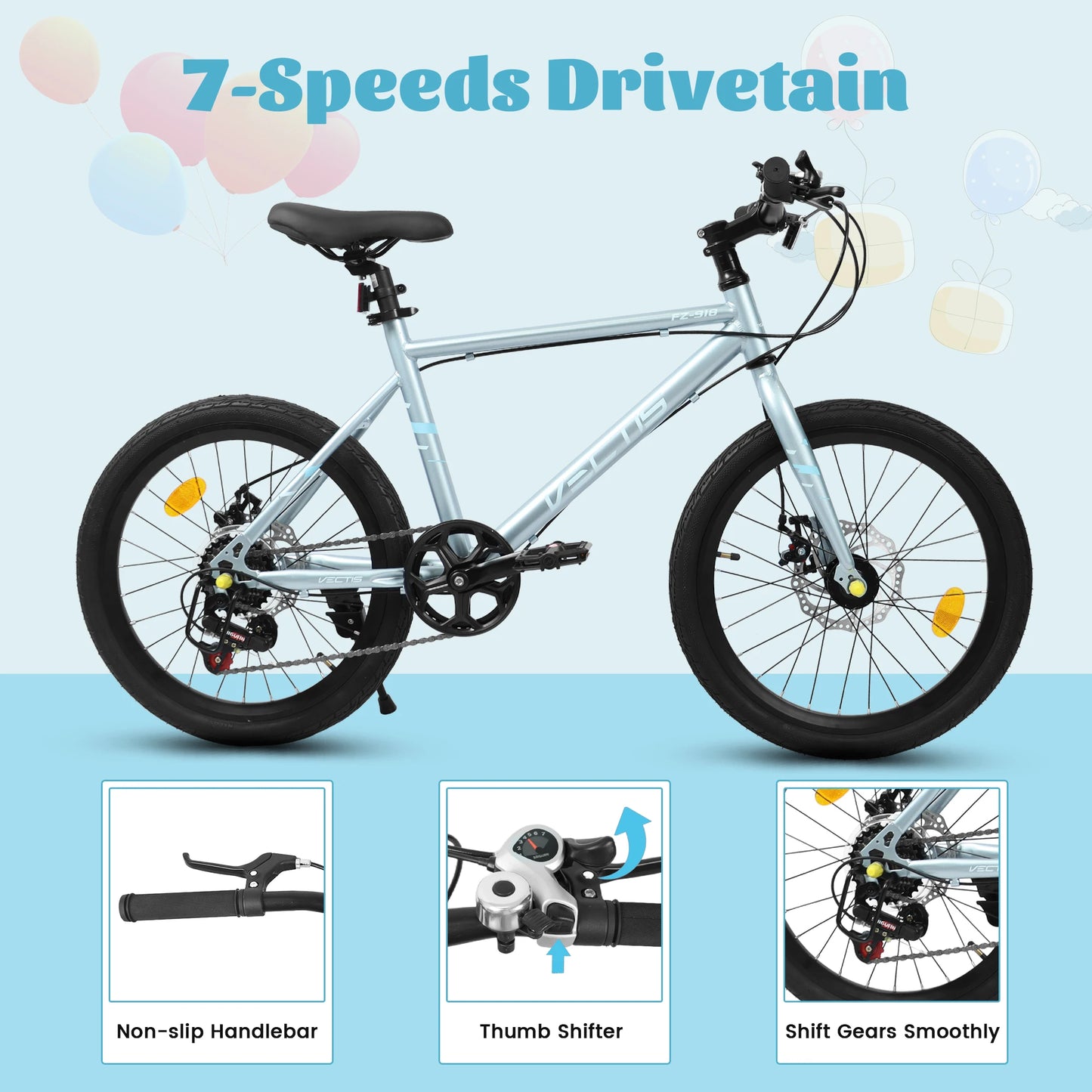 20 Inch Kids Bike for Boys Girls, 7-Speed Children Road Bike Steel Frame,Dual Disc Brakes,Ages 6-12