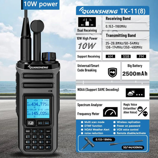 10W VHF/UHF Dual Band Radio 999CH CTCSS/DCS IP55 2500mAh Type-C NOAA Weather Alarm CE