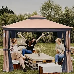 Patio Gazebo 10x12, Heavy Duty Soft Top Gazebos, Double Roofs, Anti-UV  Privacy Curtains & Netting