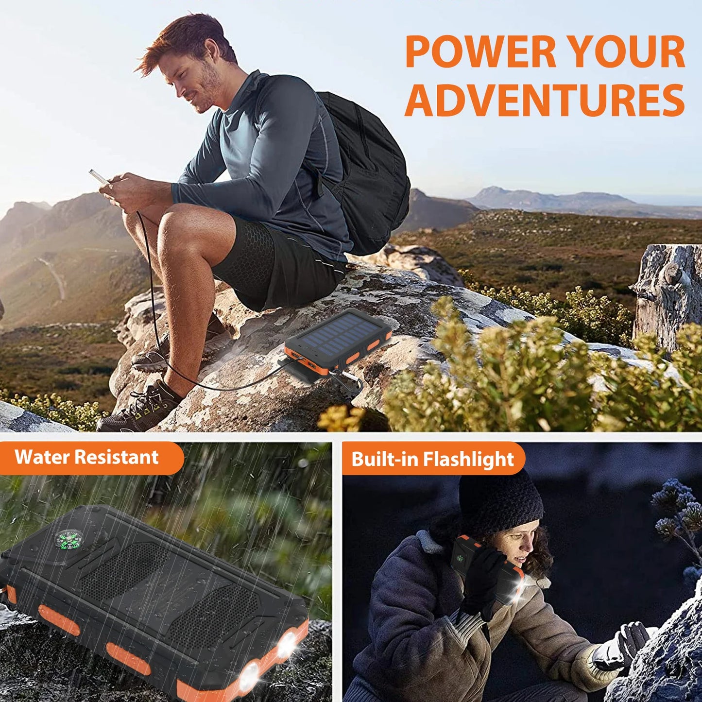 20000mAh Solar Power Bank Portable Charger Waterproof Dual 5V USB Ports 2 LED Light Flashlight Cell
