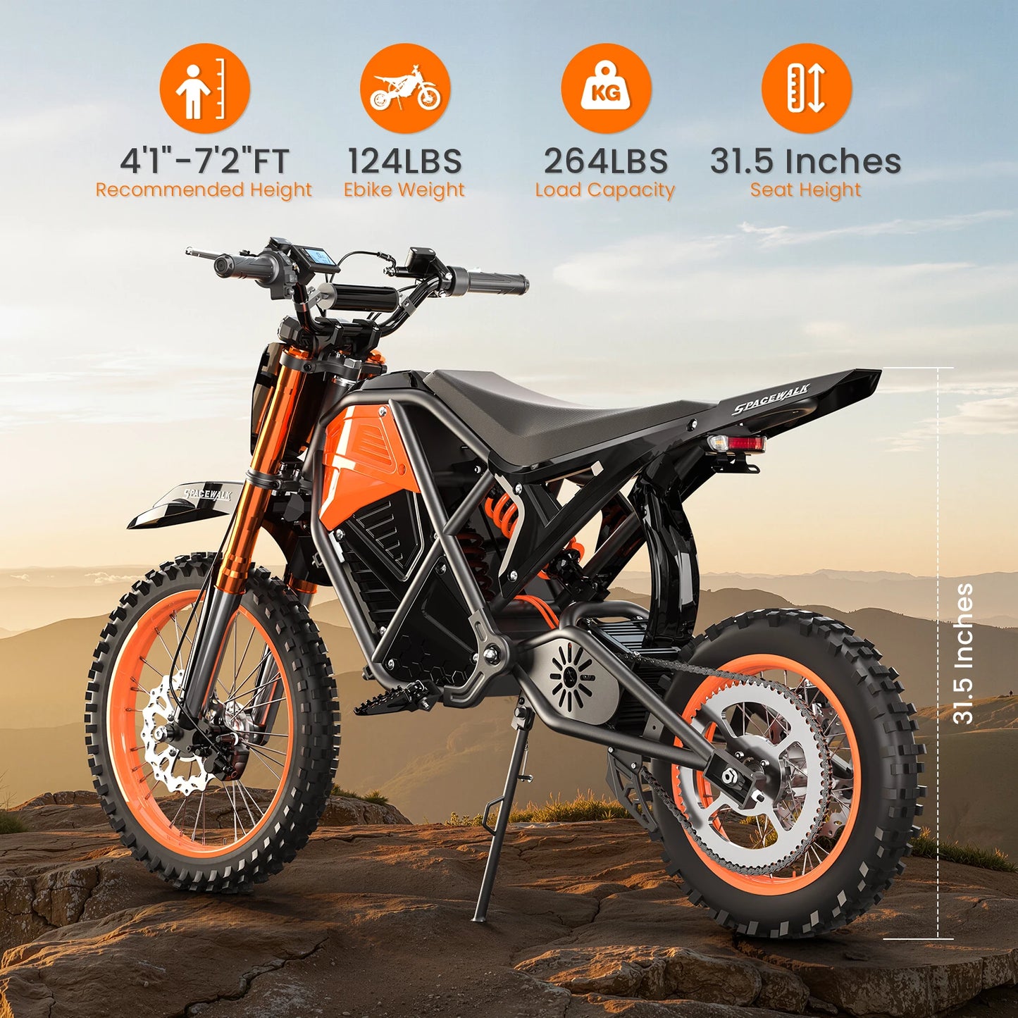 48V E-Dirt Bike, Adults, 3000W Peak Power,14"/12" Fat Tire, 37.5MPH 60 Miles Range
