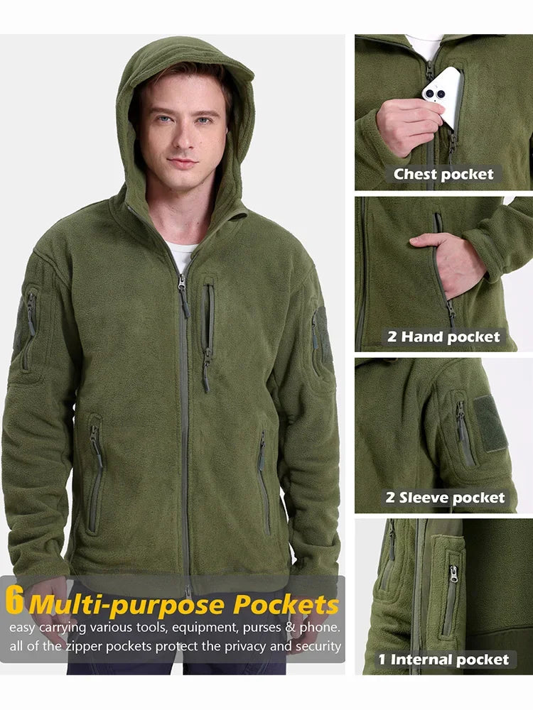 Men's fleece Hiking Hunting Outdoor  Jacket Winter Warm Full Zip Military Hoodies Multi-Pockets