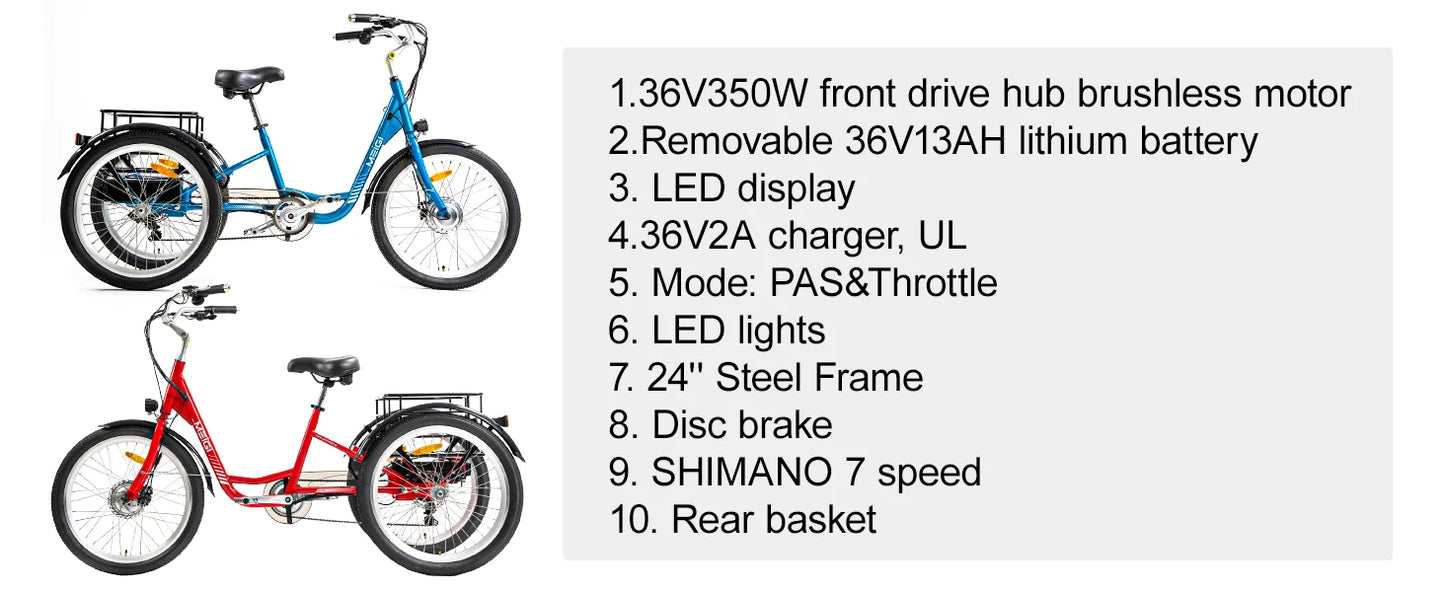 3 Wheel Electric Cargo Tricycle, Powerful Strong 750W Peak Motor 36V 24 Inch Tire Men or Women