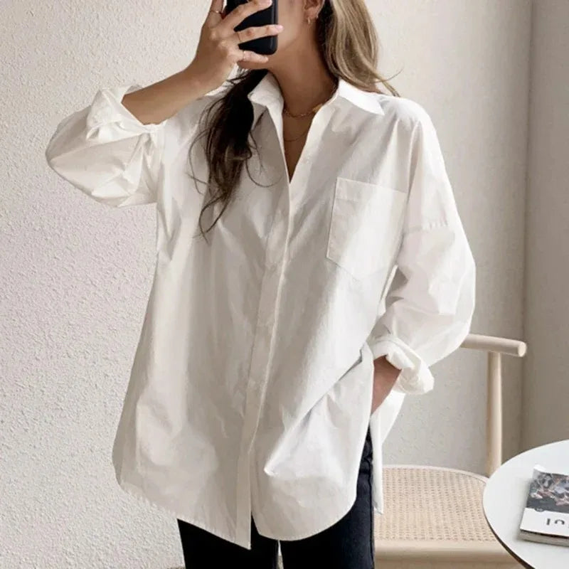Lady Elegant White Casual Loose Blouses Fashion New Cotton Long Sleeve Women Shirt Turndown Collar
