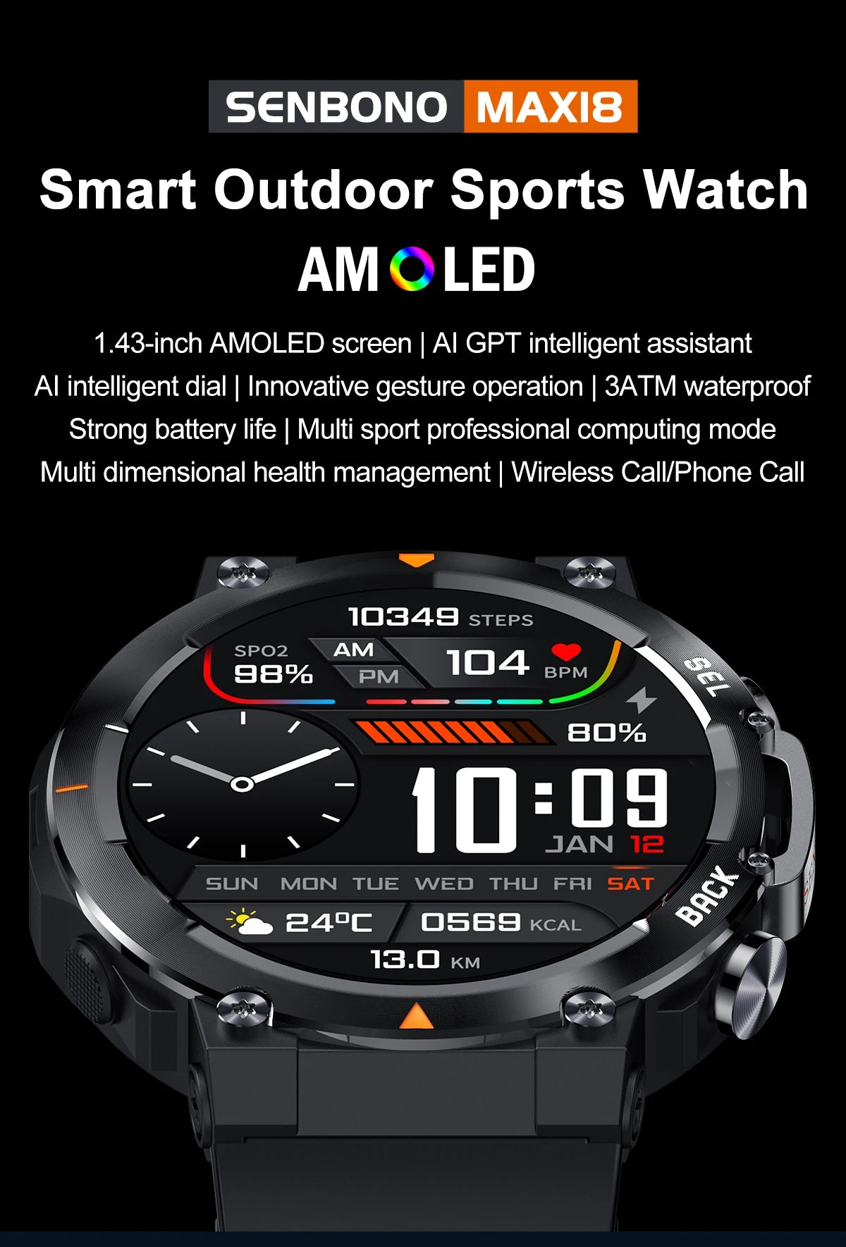 MAX18 Smart Watch AMOLED Screen AI GPT Bluetooth Call 410mAh Big Battery Fitness Tracker Men' Sport