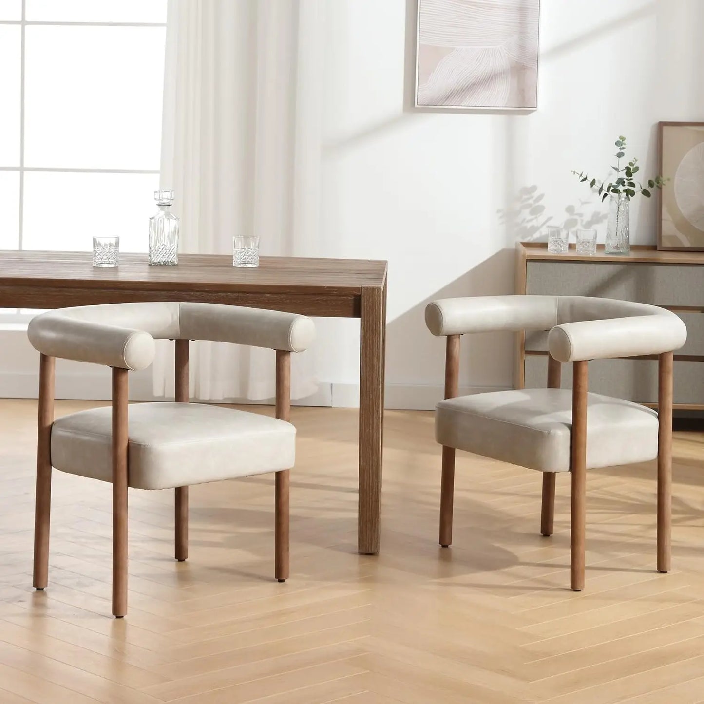 Mid-Century 2 Modern Dining Chairs, Armrest Barrel Side Accent Chairs Curved Back, Upholstered,wood