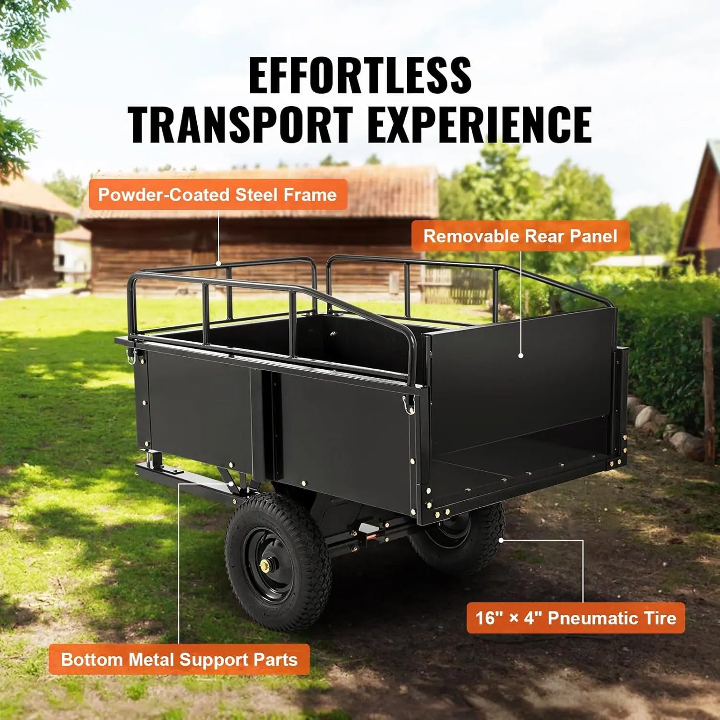 Heavy Duty ATV Dump Cart - Steel Tow Behind trailer, 750 lbs, 15 Cubic Feet garden Remove Sides