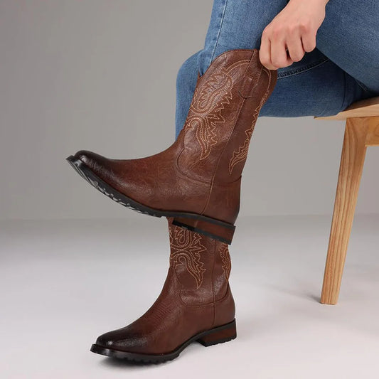 Plus size 12.5 New Fashion Retro Square Toe Neutral Cowboy Boots Luxury Embroidered Concise