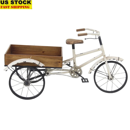 White Metal Indoor Outdoor Bike PlantStand,Brown Wood Accents Cozy Farmhouse Tricycle Planter Unique