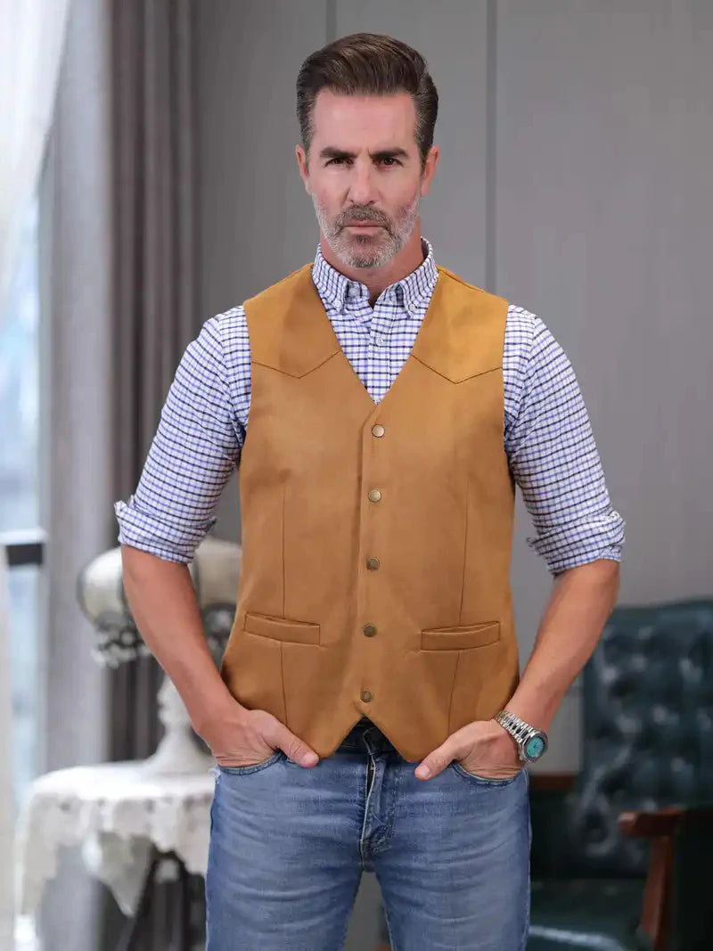 Vintage Suede Leather Men's Vest Slim Fit Sleeveless Jacket V-Neck Regular Fit Suit Vest Waistcoat