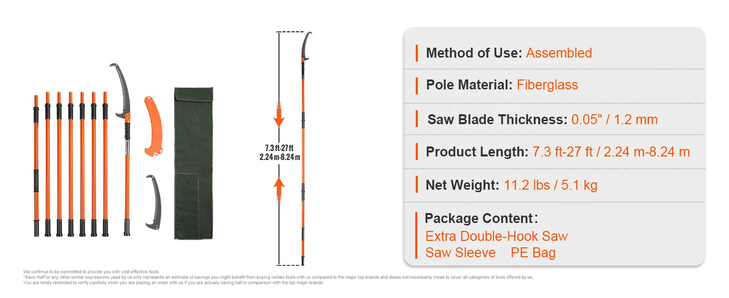 Manual Pole Saw Extendable Tree Pruner Sharp Steel Blade,Lightweight Aluminum Alloy Handle