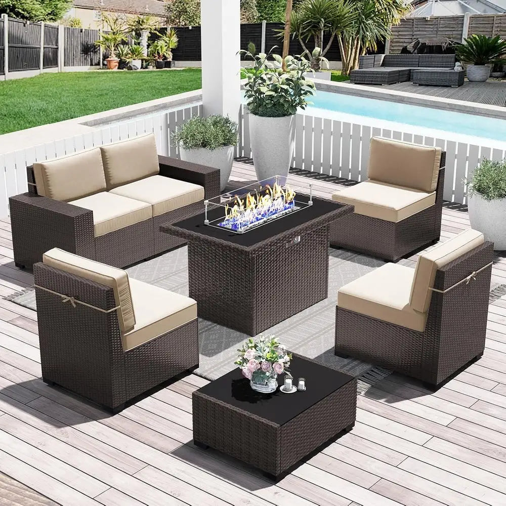 7-Piece Outdoor Patio Furniture Set, Fire Pit, Rattan Wicker Sofa Sectional, and Coffee Table