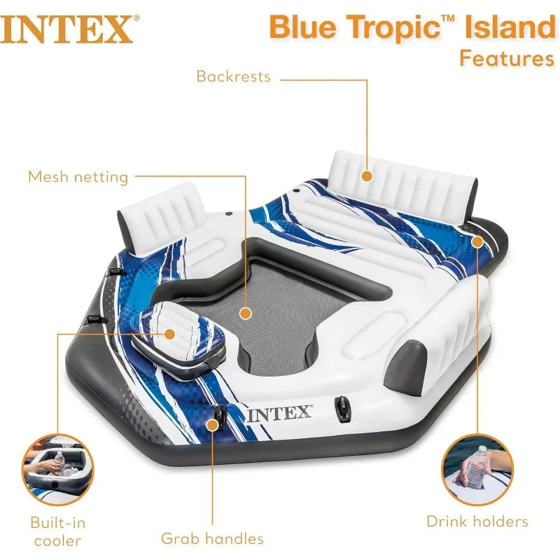 Tropic Inflatable 5 Person Raft or Swimming Pool Island Water Lounger,Backrests, Built in Cooler