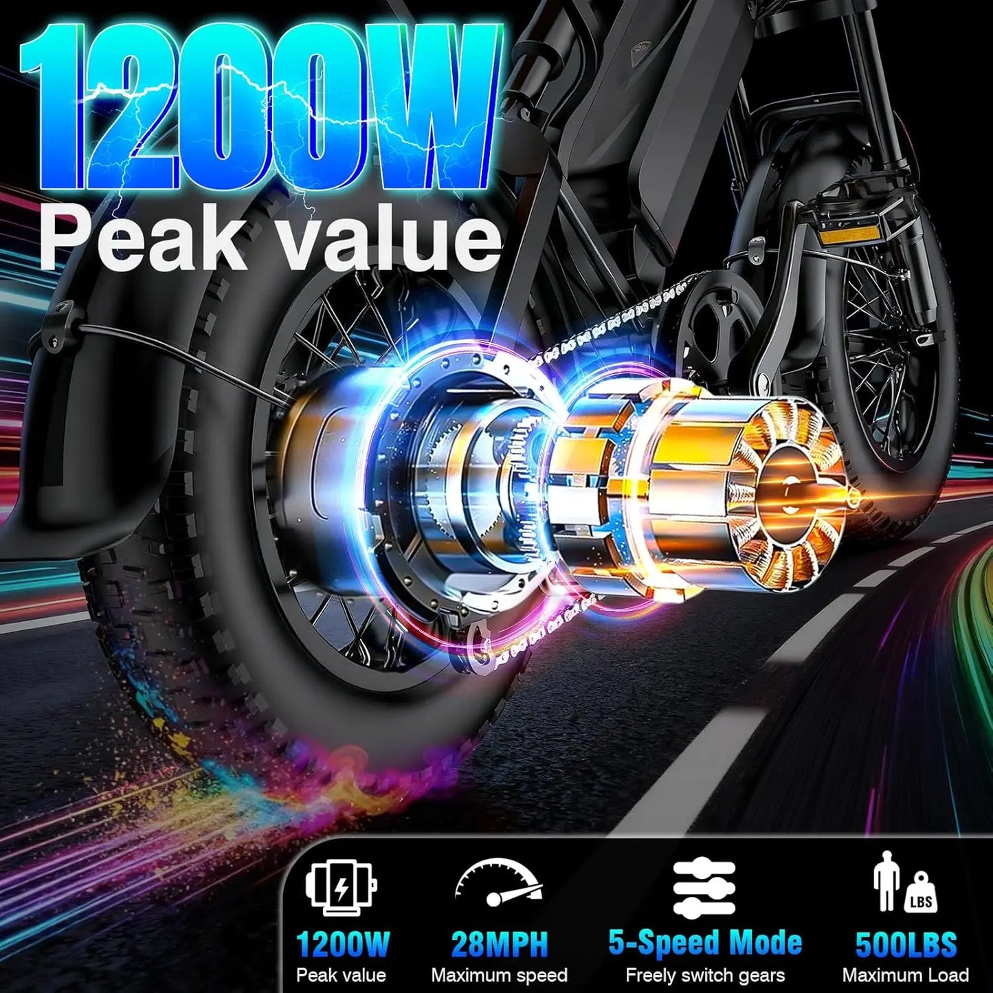 1200W Peak Power E-Bike, Adults: 28MPH, 16'' Fat Tire, 500LBS Load, 48V 18Ah Rem.Battery, 35-M Range