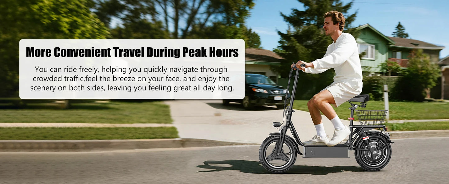 E-Scooter Adults,650W Peak Motor,48V15AH Battery, Seat,Up to 20MPH,25Miles Long Range,With Basket