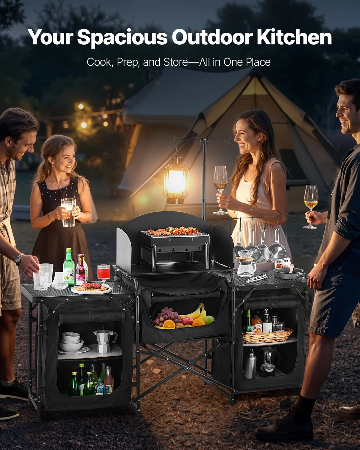 Camp Kitchen Table Aluminum Portable Cook Station, 3 Storage Cupboard Carrying Bag Quick Set-up