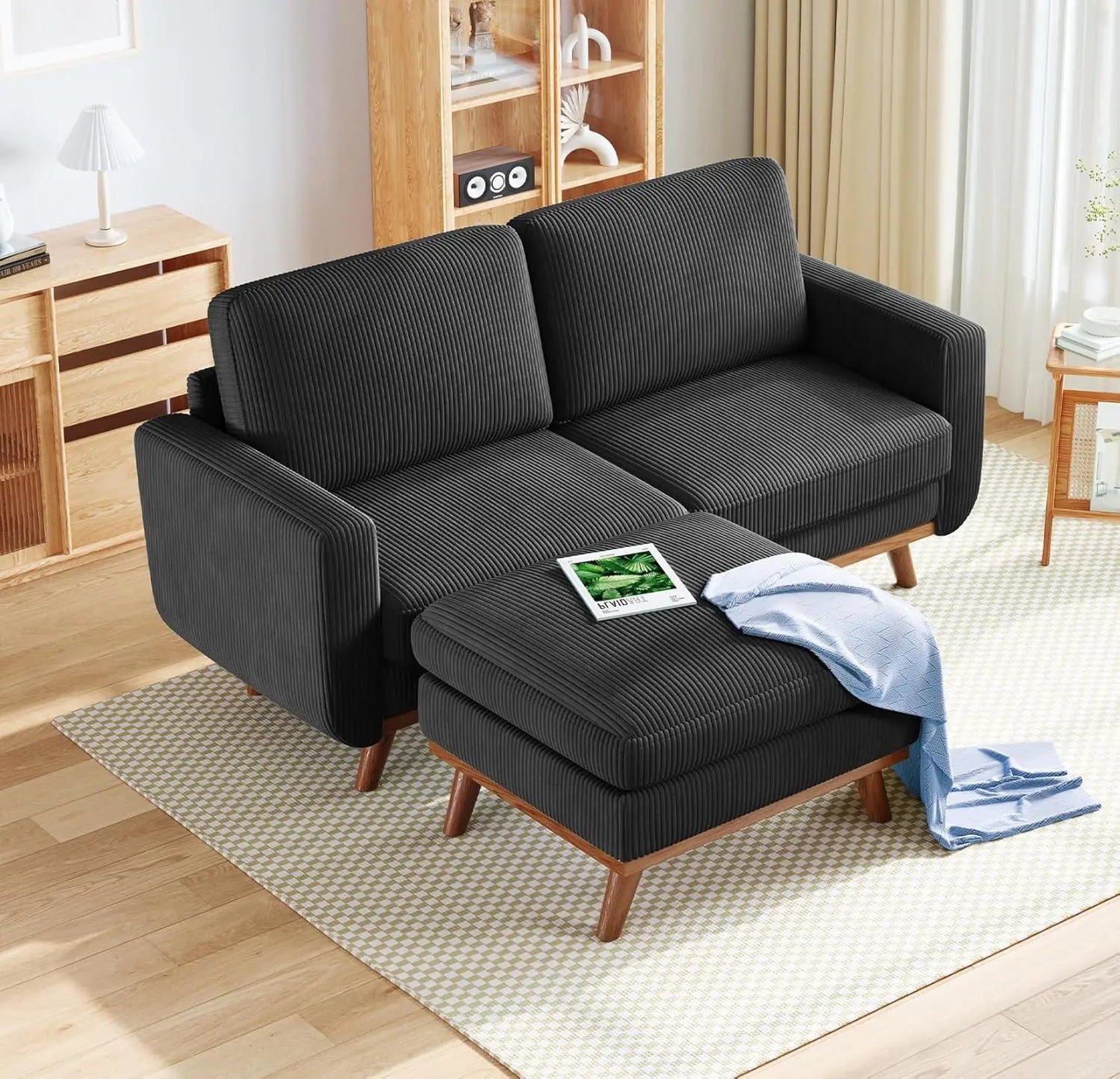 INDOOR 97" L-Shape Modular Sectional Sofa 3-Seat Corduroy Movable Otto green,black, Customized