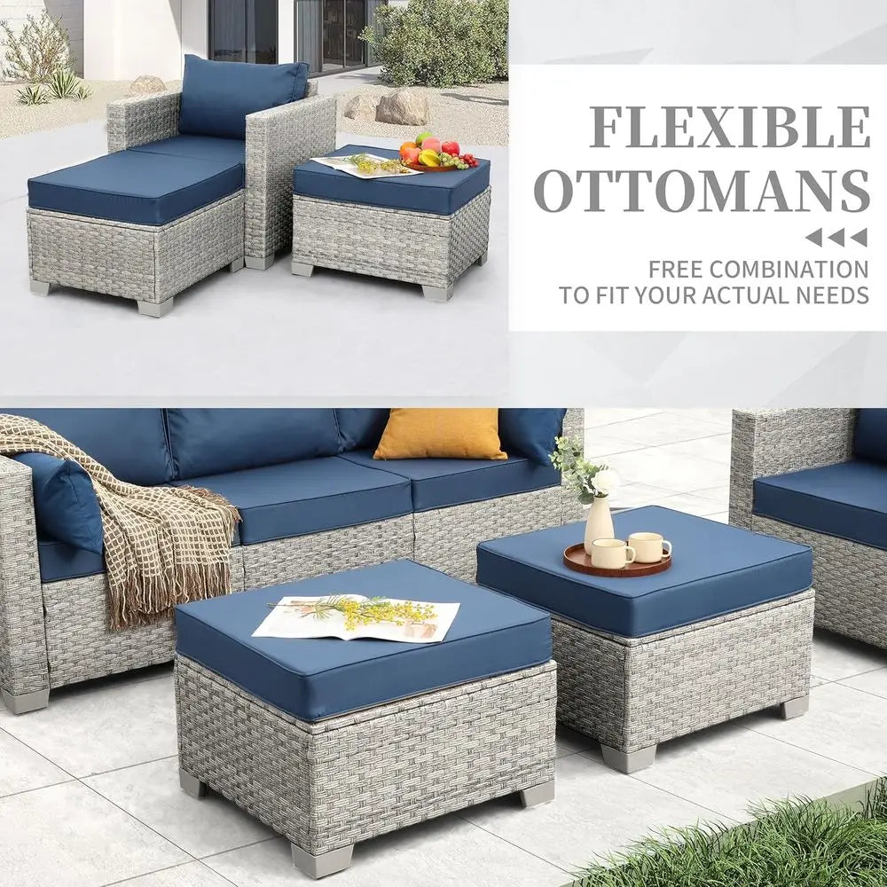 6-Piece Grey PE Rattan Outdoor Sectional Sofa Set with Fire Pit Table and Navy Blue Cushions