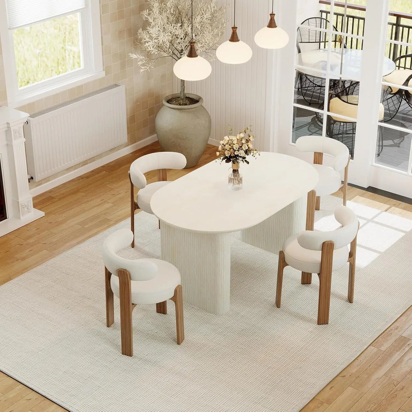 Extendable Oval Wooden Dining Table Seats 4-8 Curved Fluted Base 90in White Oak 4 Panels