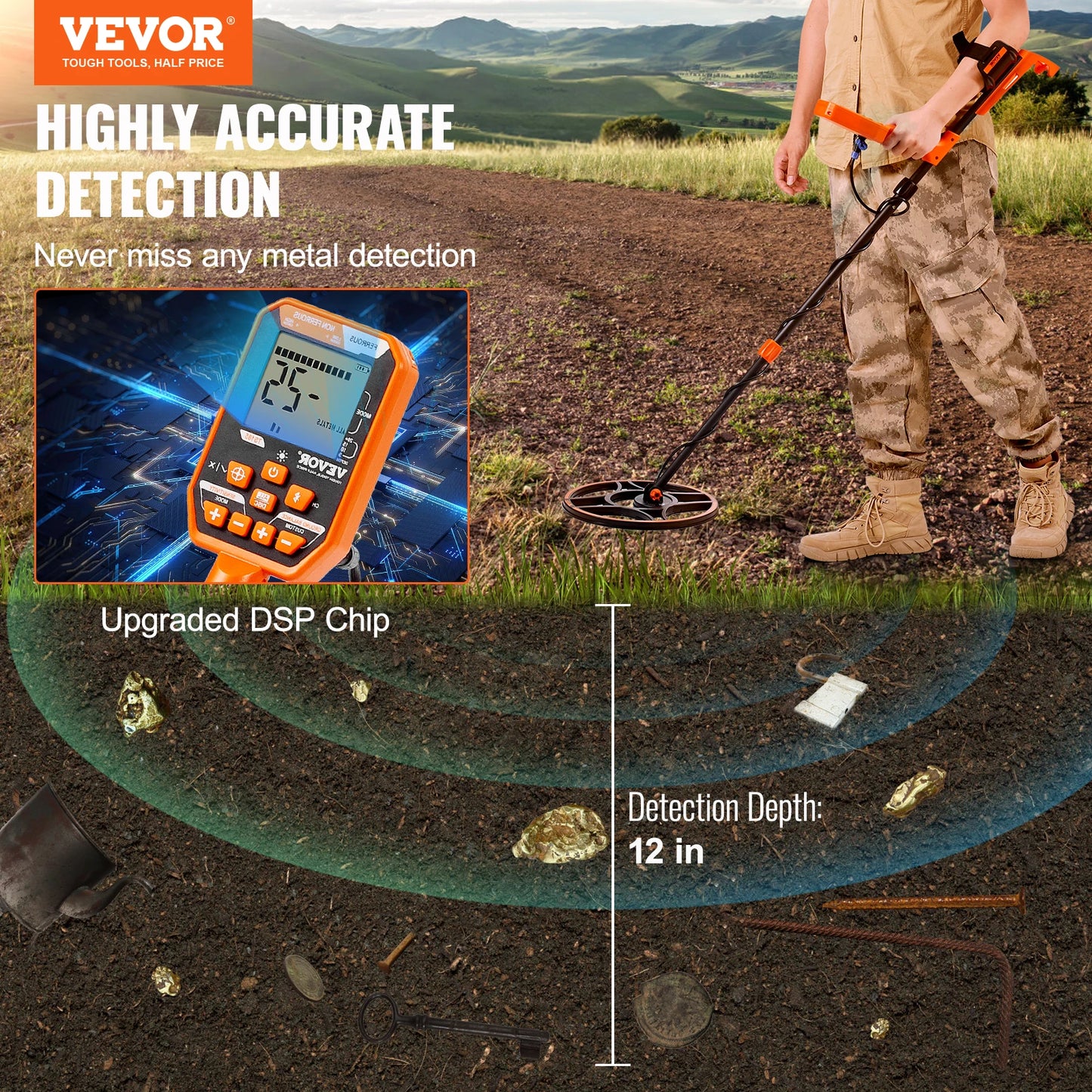 Professional Rechargeable Metal Detector 12" IP68 Waterproof Coil 39-50 in Adjustable LCD 7Modes