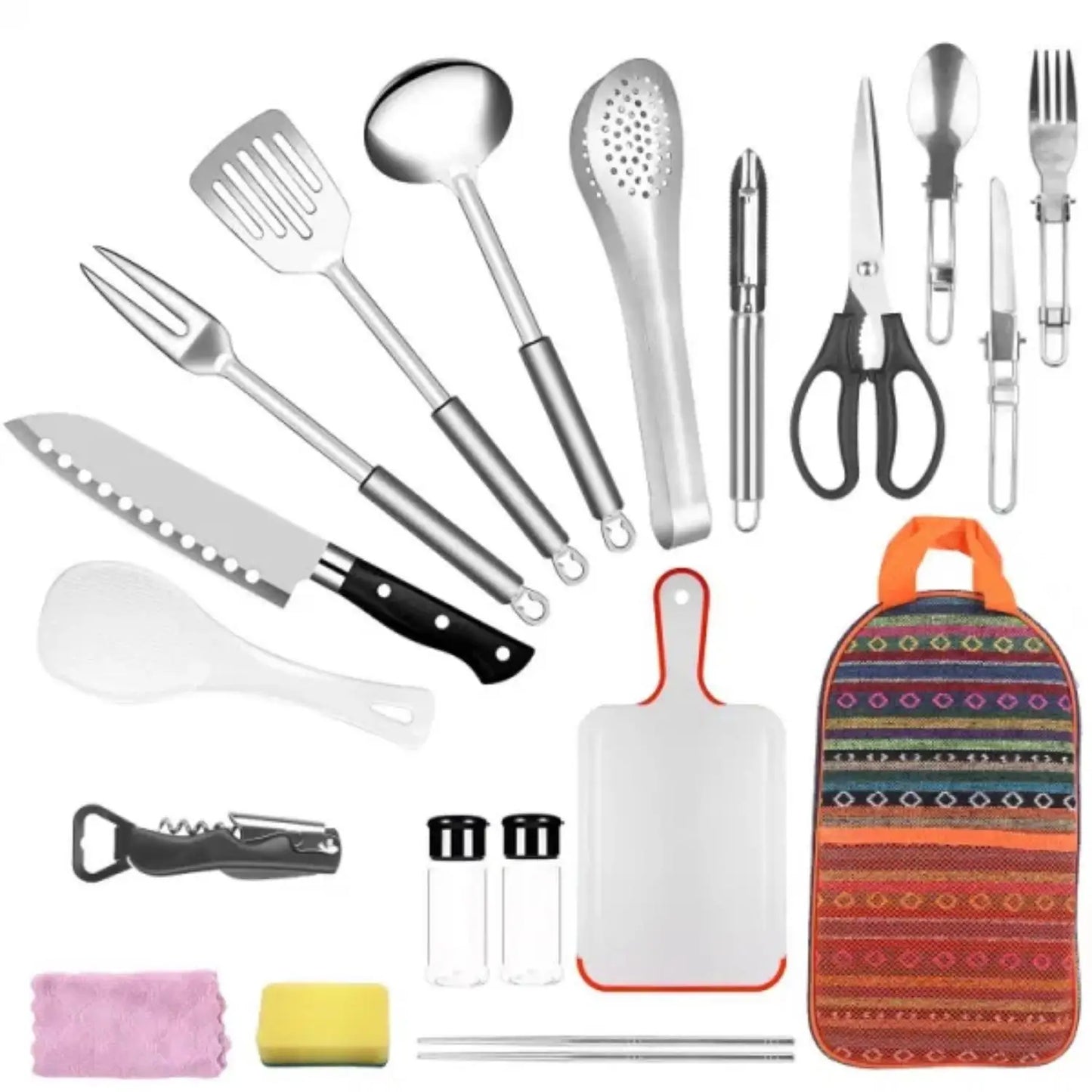 19pcs camp cooking kit Portable picnic cookware Outdoor kitchen Gear campfire BBQ kit w\storage bag