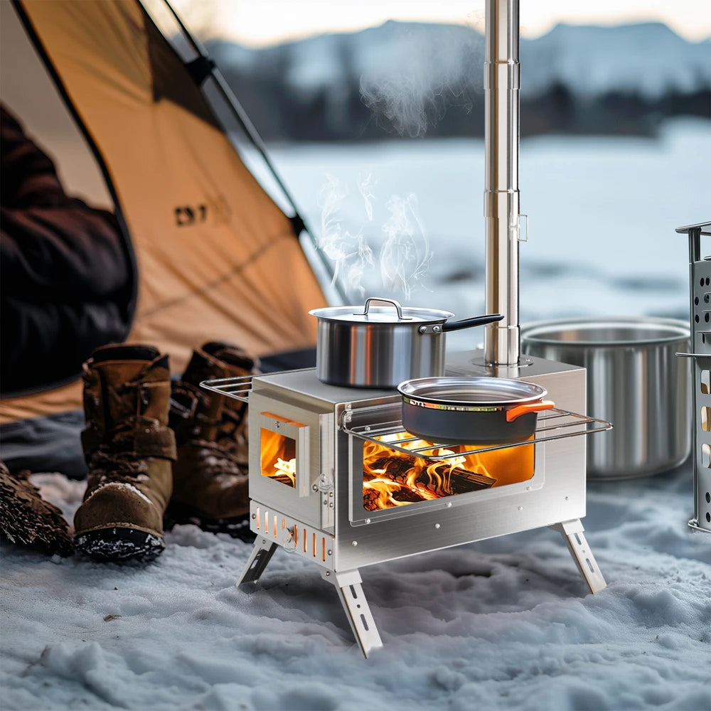 Portable Camping Wood Burning Stove Stainless Steel Tent Stove,7 Chimney Pipes Outdoor Camp Heating