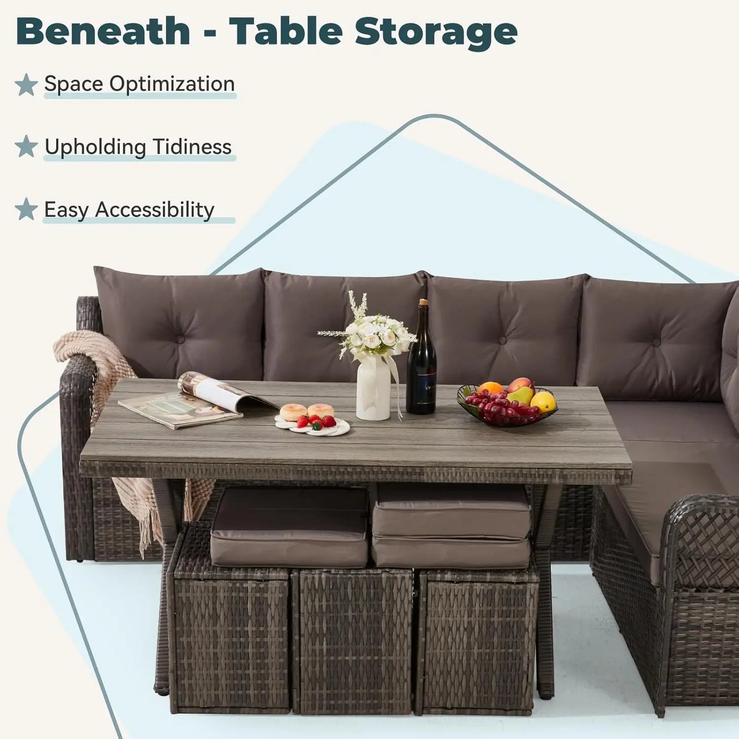 7 Pieces Patio  Dining Set, Patio Dining Sets with HDPE Table & Chairs, Ottamans for Garden, Deck